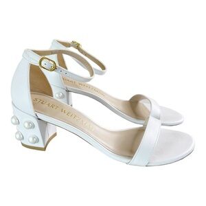 Stuart Weitzman Simple Pearls Block Heel Sandals in White Size 8.5